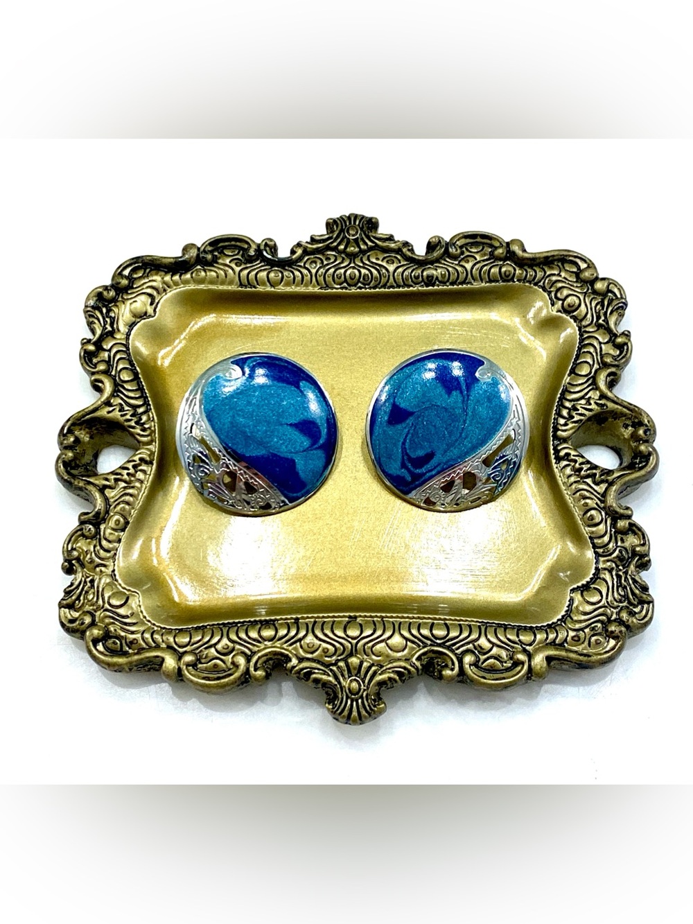 Vintage Signed Edgar Berebi Round Enamel Earrings Blue Teal Deco